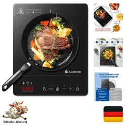 AAOBOSI Induktionskochfeld 1 Platte Tragbar 2000W Booster Timer Touch Glas