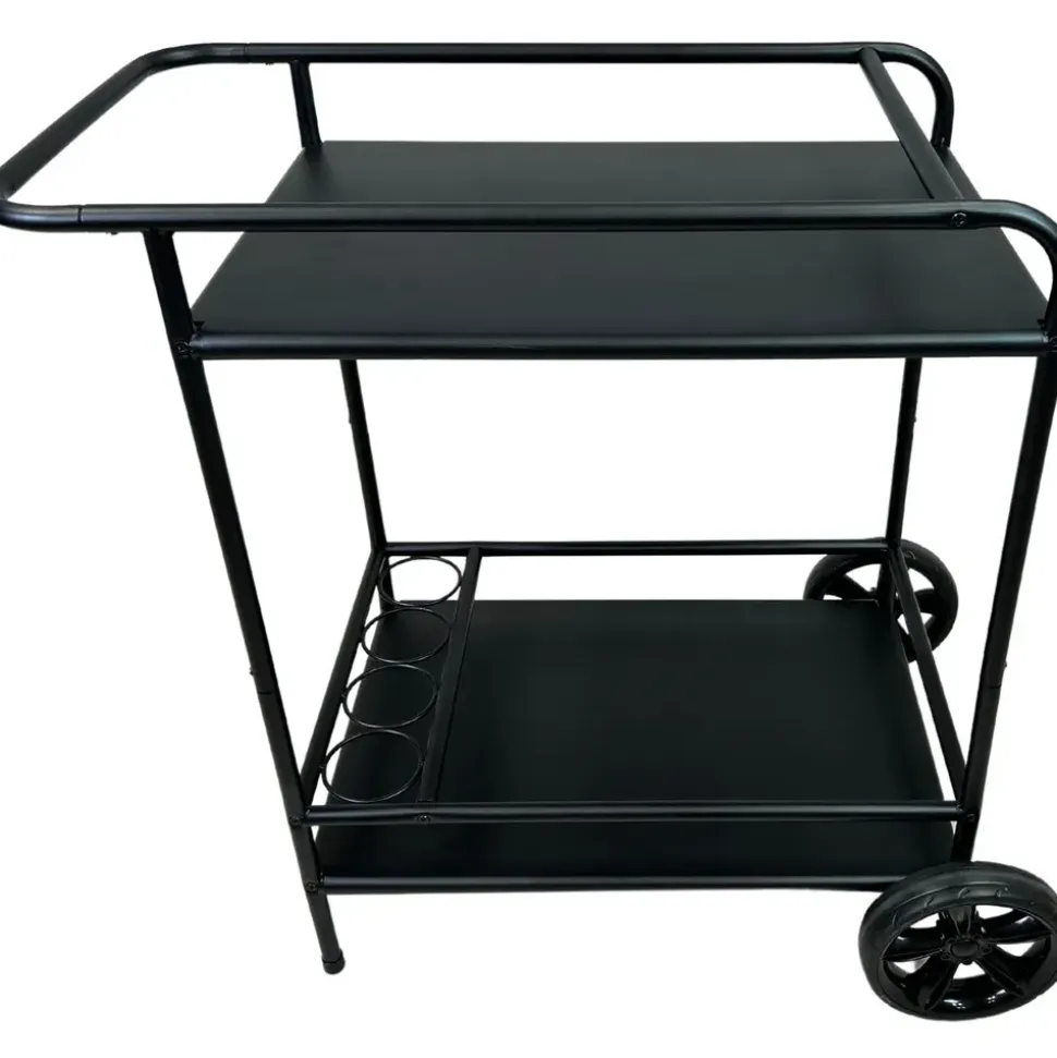 ABC home Outdoor Servierwagen mit großen Gummirädern – Mobiler Grillwagen mit 4 Flaschenhaltern – Wetterfester Beistellwagen aus Metall – 2 Ablagen – 86 cm Breit – Schwarz