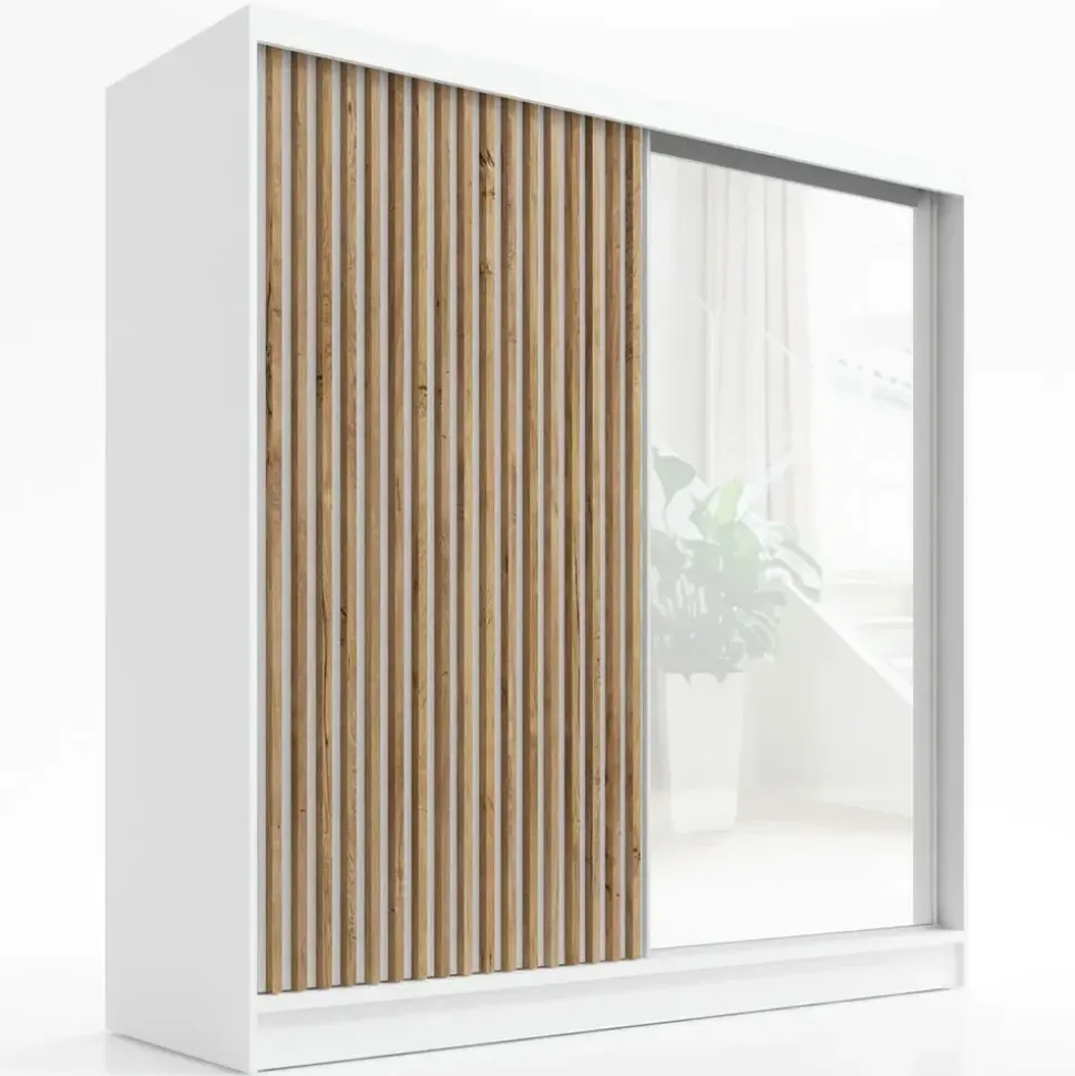 A&J MöbelLand Schwebetürenschrank LINA 2-türig Schrank 200 cm mit Spiegel Weiß