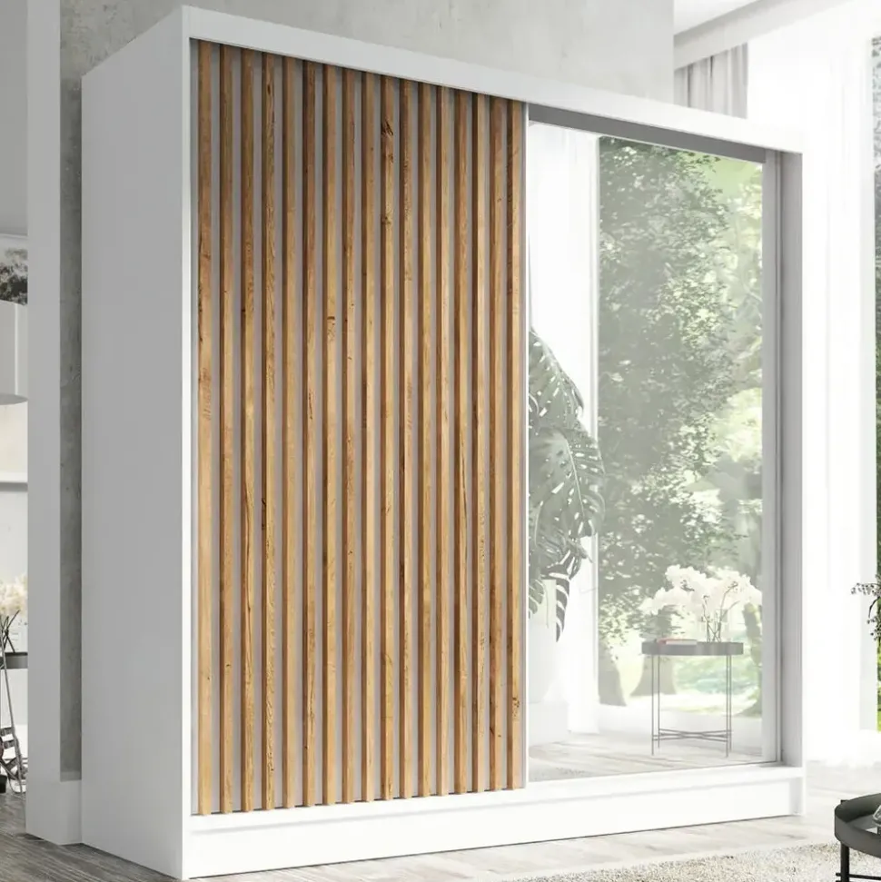 A&J MöbelLand Schwebetürenschrank LINA 2-türig Schrank 200 cm mit Spiegel Weiß