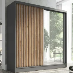 A&J MöbelLand Schwebetürenschrank LINA 2-türig Schrank 200 cm mit Spiegel Schwarz
