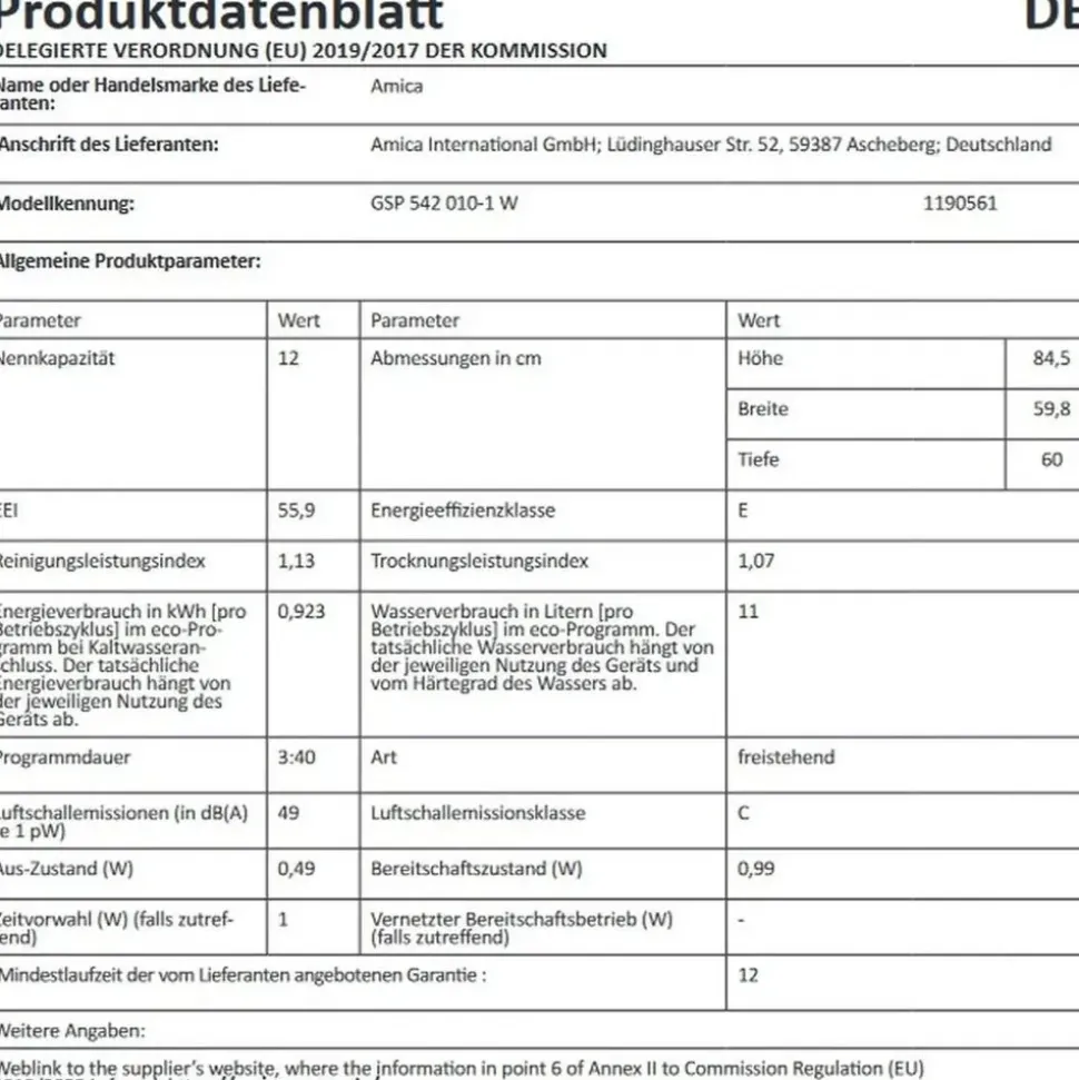 Amica GSP 542 010 Geschirrspüler