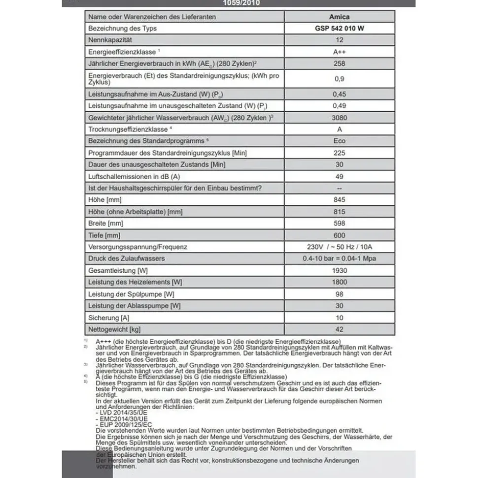 Amica GSP 542 010 Geschirrspüler