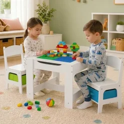 BABY VIVO Kindersitzgruppe mit multifunktionalem Tisch und 2 Stühlen aus Holz - Moritz