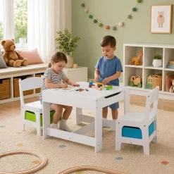 BABY VIVO Kindersitzgruppe mit multifunktionalem Tisch und 2 Stühlen aus Holz - Moritz