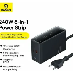 Baseus GaN 3x USB-C USB DC, 240W Smart-Desktop-Schnellladegerät – Schwarz