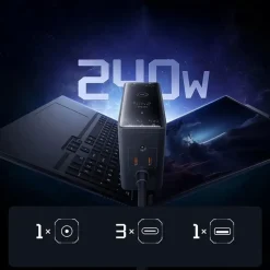 Baseus GaN 3x USB-C USB DC, 240W Smart-Desktop-Schnellladegerät – Schwarz