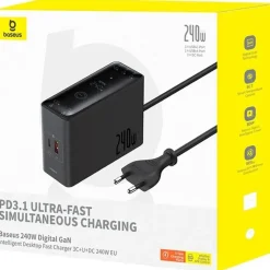 Baseus GaN 3x USB-C USB DC, 240W Smart-Desktop-Schnellladegerät – Schwarz