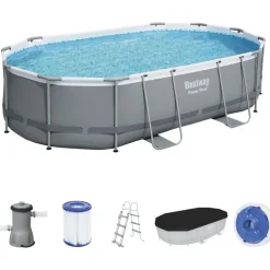 BESTWAY Power Steel Frame Pool oval Set 488 x 305 x 107 cm inkl. Filterpumpe (5-tlg.)