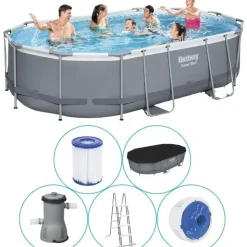 BESTWAY Power Steel Frame Pool oval Set 488 x 305 x 107 cm inkl. Filterpumpe (5-tlg.)