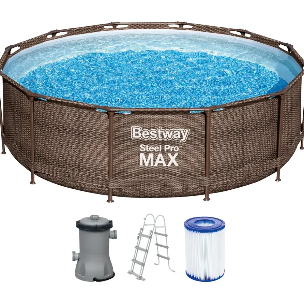 BESTWAY Steel Pro Max Frame Pool Set 366 x 100 cm rattanoptik inkl. Filterpumpe + Poolleiter