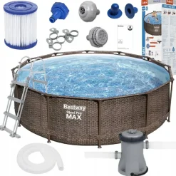 BESTWAY Steel Pro Max Frame Pool Set 366 x 100 cm rattanoptik inkl. Filterpumpe + Poolleiter