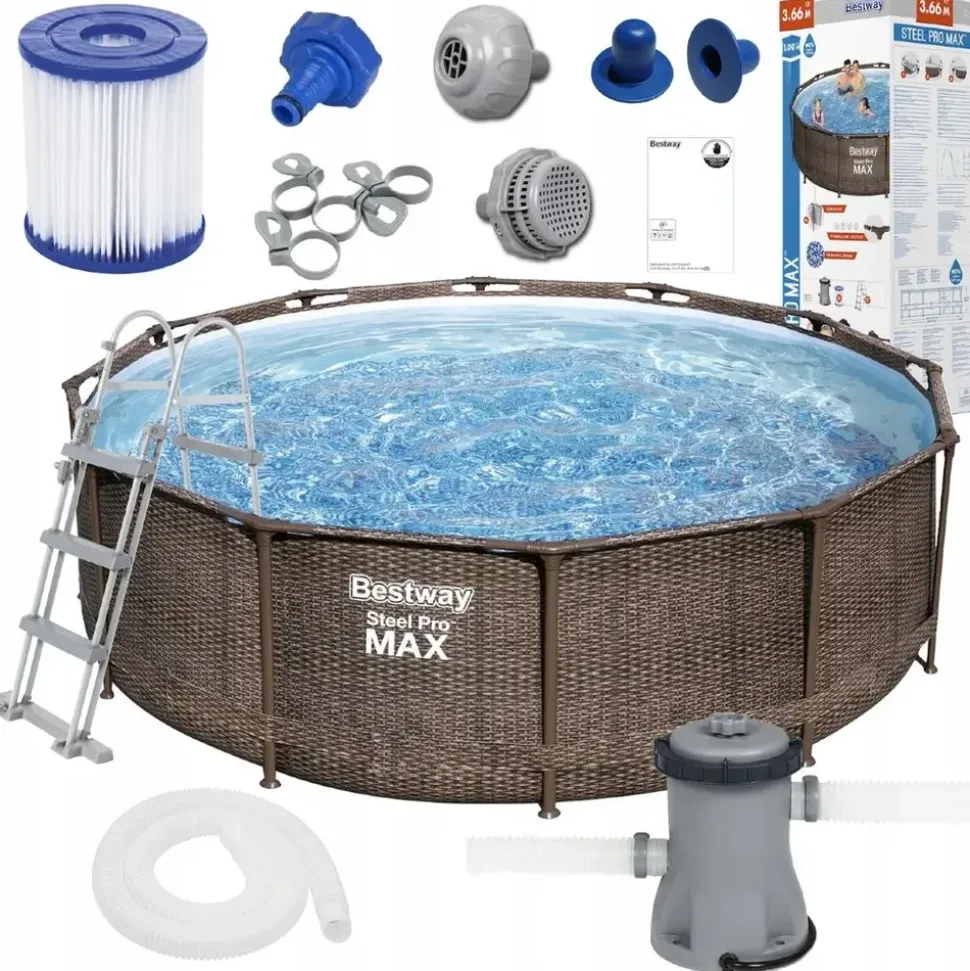BESTWAY Steel Pro Max Frame Pool Set 366 x 100 cm rattanoptik inkl. Filterpumpe + Poolleiter