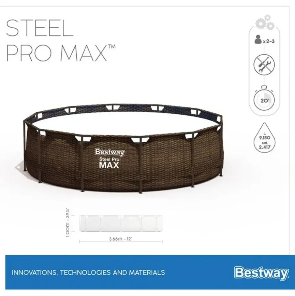 BESTWAY Steel Pro Max Frame Pool Set 366 x 100 cm rattanoptik inkl. Filterpumpe + Poolleiter