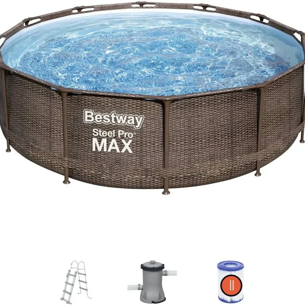 BESTWAY Steel Pro Max Frame Pool Set 366 x 100 cm rattanoptik inkl. Filterpumpe + Poolleiter