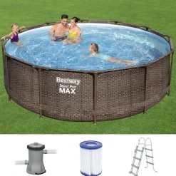 BESTWAY Steel Pro Max Frame Pool Set 366 x 100 cm rattanoptik inkl. Filterpumpe + Poolleiter