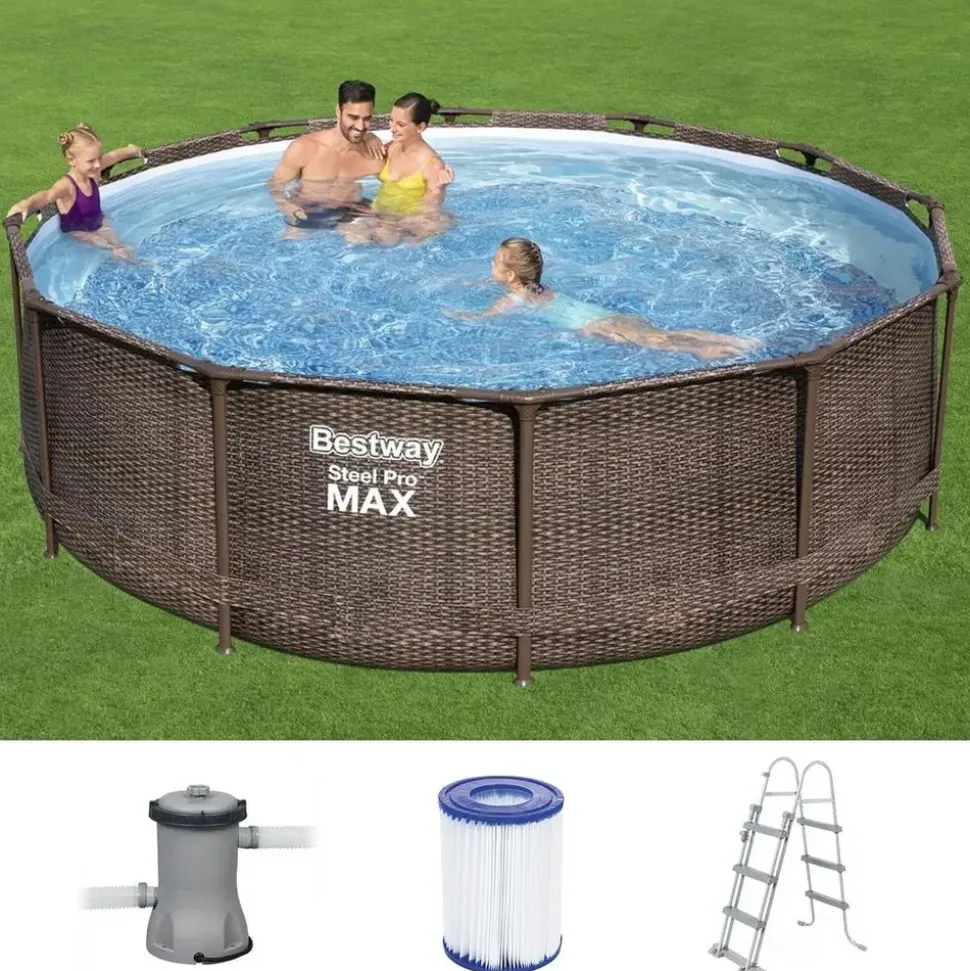 BESTWAY Steel Pro Max Frame Pool Set 366 x 100 cm rattanoptik inkl. Filterpumpe + Poolleiter