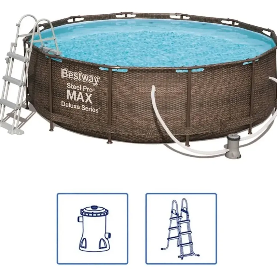 BESTWAY Steel Pro Max Frame Pool Set 366 x 100 cm rattanoptik inkl. Filterpumpe + Poolleiter