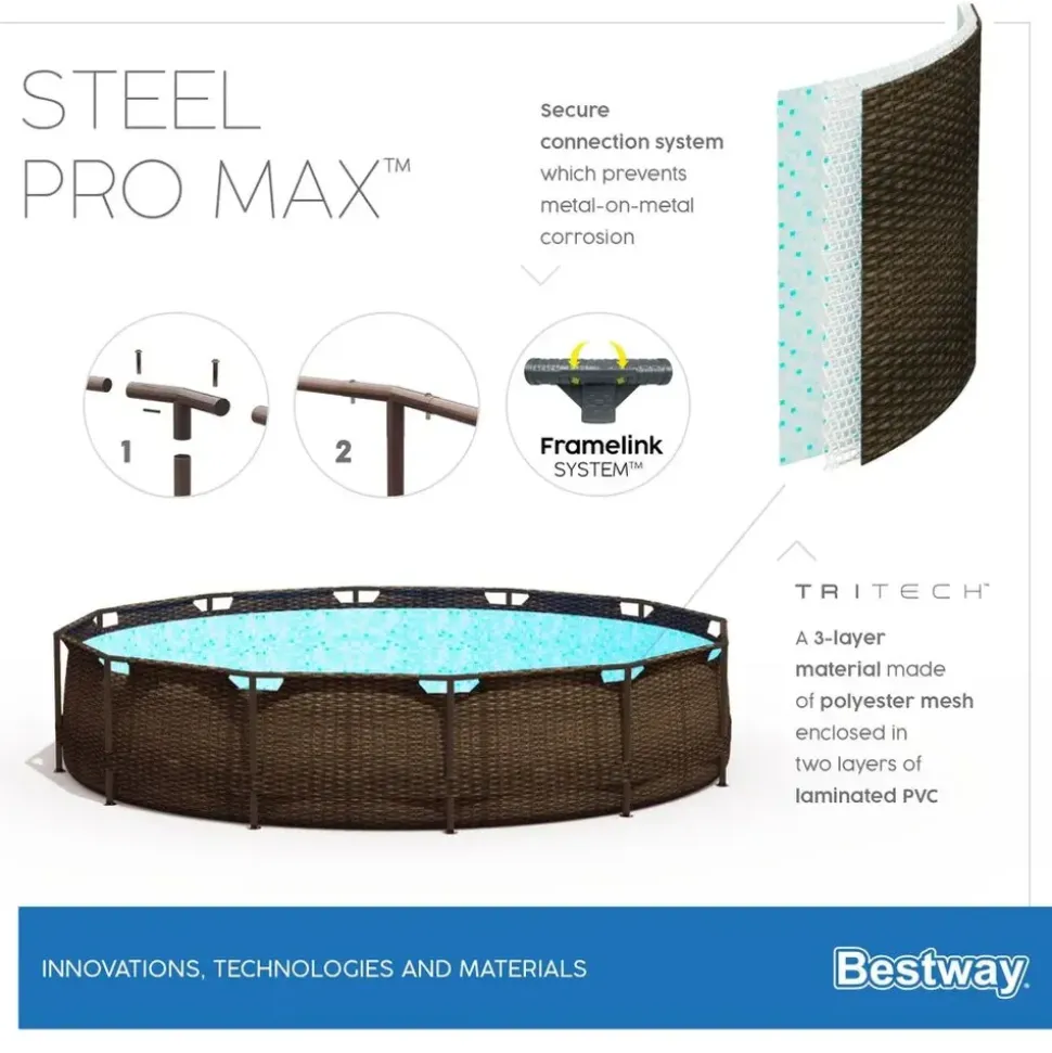 BESTWAY Steel Pro Max Frame Pool Set 366 x 100 cm rattanoptik inkl. Filterpumpe + Poolleiter