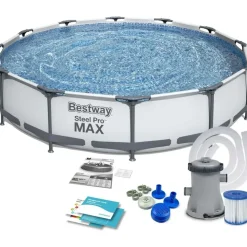 BESTWAY Steel Pro Max Frame Pool Set 366 x 76 cm lichtgrau inkl. Filterpumpe