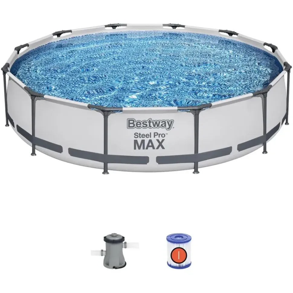 BESTWAY Steel Pro Max Frame Pool Set 366 x 76 cm lichtgrau inkl. Filterpumpe