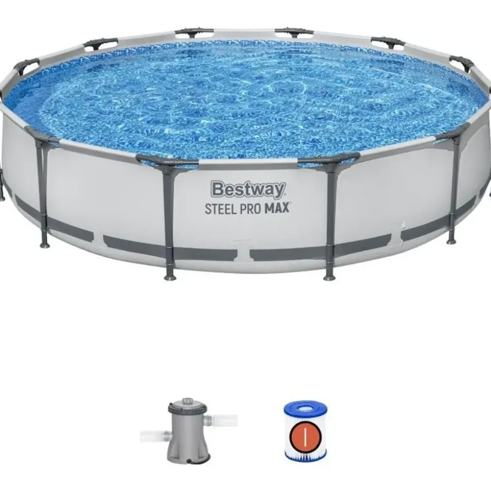 BESTWAY Steel Pro Max Frame Pool Set 366 x 76 cm lichtgrau inkl. Filterpumpe