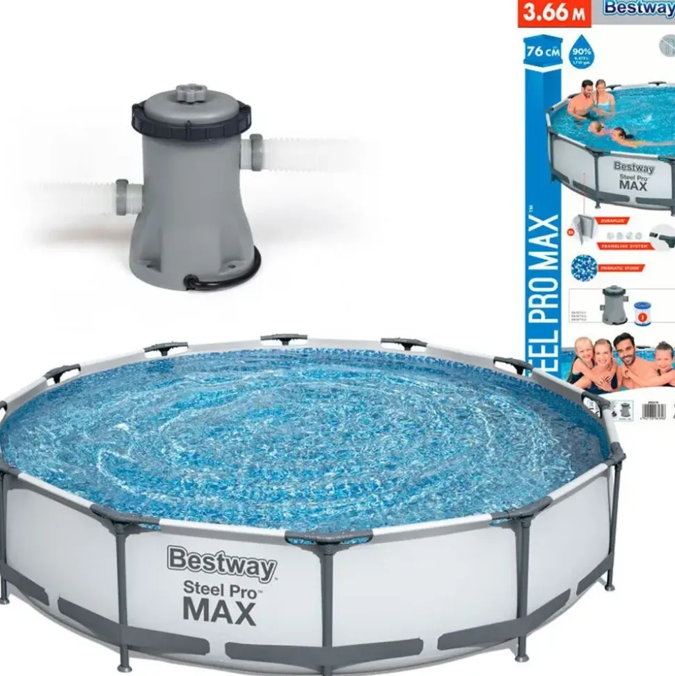 BESTWAY Steel Pro Max Frame Pool Set 366 x 76 cm lichtgrau inkl. Filterpumpe