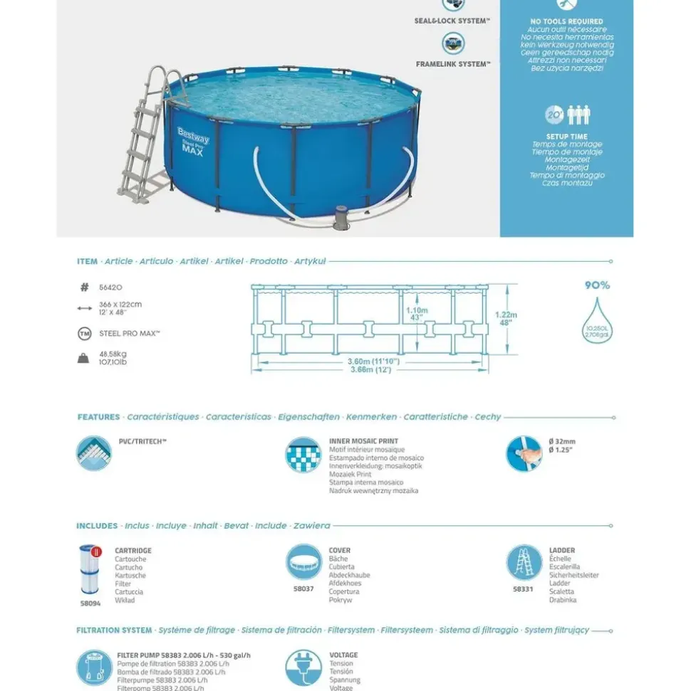 BESTWAY Steel Pro Max Frame Pool Set 366 x 122 cm lichtgrau inkl. Filterpumpe