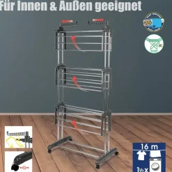 BigDean Wäscheständer Turm 16m Trockenlänge mit 3 Ebenen und 4 Rollen in Grau - Wäscheständer platzsparend für innen & außen