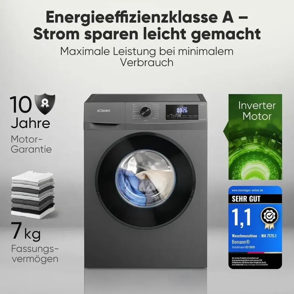 Bomann WA 7175.1 Waschmaschine (7 kg, 1400 U/min) Titan