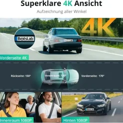 BOTSLAB 4K 3-Kanal Dashcam Auto Vorne Hinten