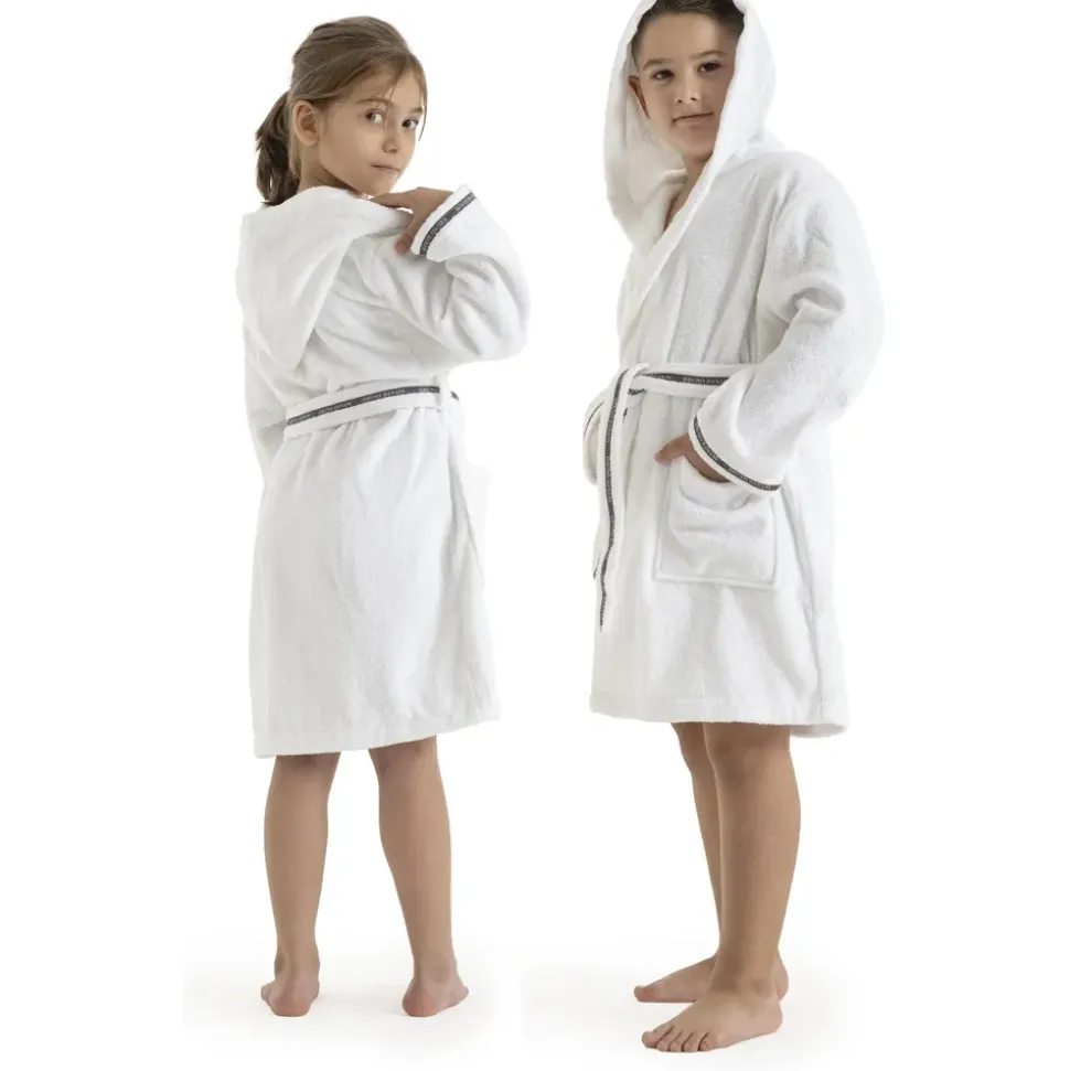 Bruno Banani Kinderbademantel BRUNO BANANI "Danny, Ideal für Zuhause, Schwimmbad oder im Urlaub" Gr. 104, weiß, L:61cm, Walkfrottee, Hausmäntel, mit Logostreifen, aus 100% Baumwolle