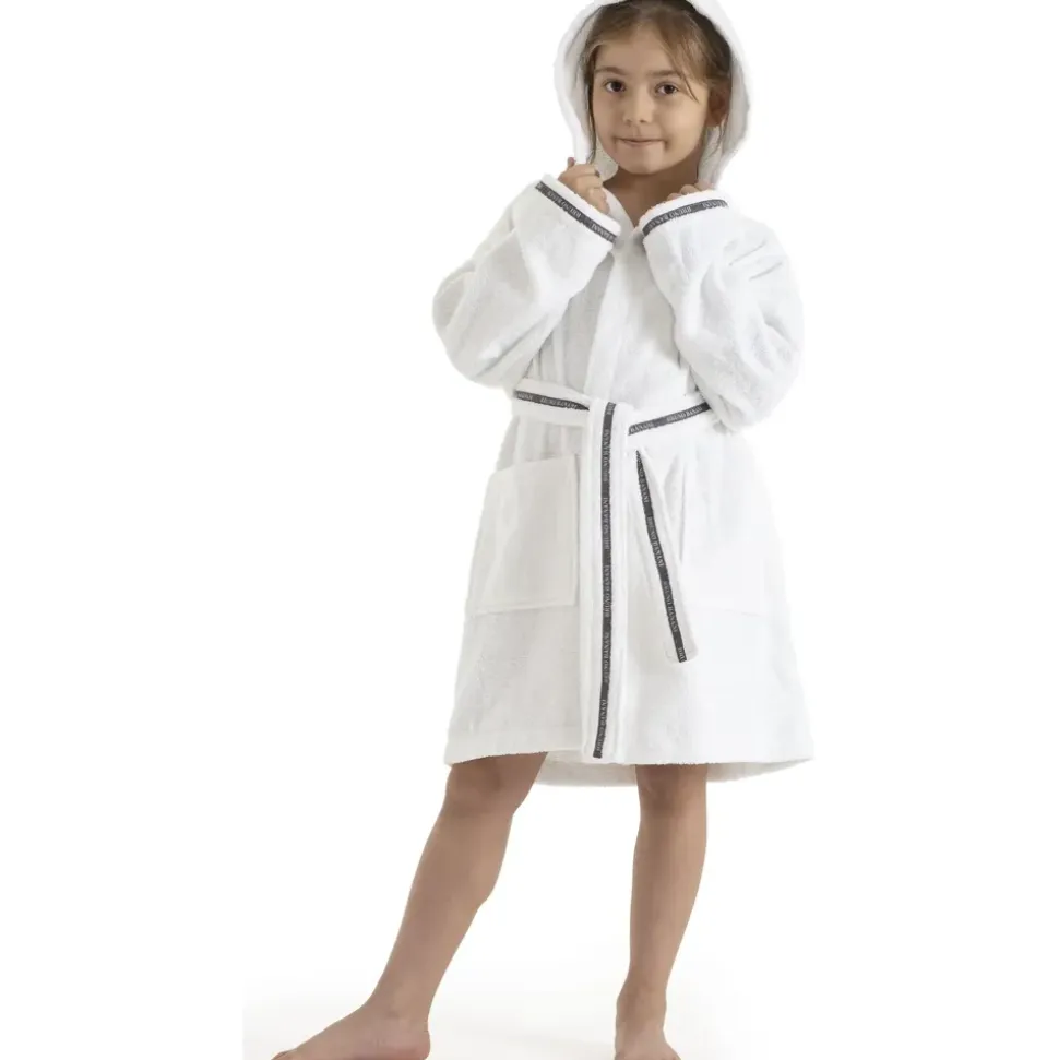 Bruno Banani Kinderbademantel BRUNO BANANI "Danny, Ideal für Zuhause, Schwimmbad oder im Urlaub" Gr. 104, weiß, L:61cm, Walkfrottee, Hausmäntel, mit Logostreifen, aus 100% Baumwolle