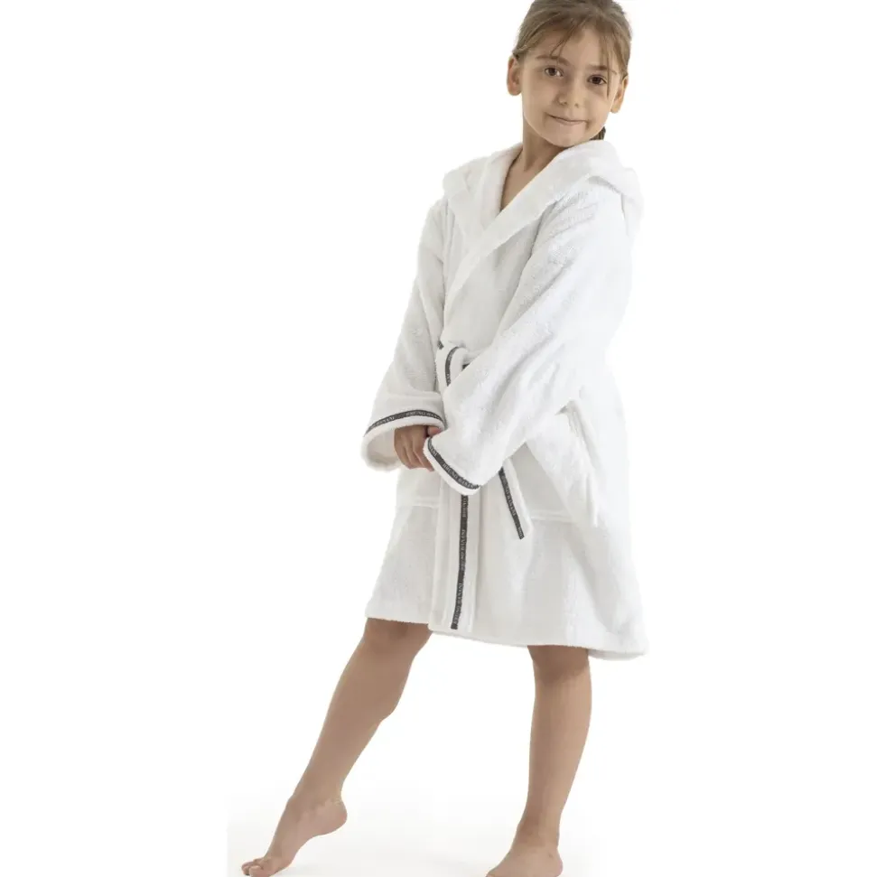 Bruno Banani Kinderbademantel BRUNO BANANI "Danny, Ideal für Zuhause, Schwimmbad oder im Urlaub" Gr. 104, weiß, L:61cm, Walkfrottee, Hausmäntel, mit Logostreifen, aus 100% Baumwolle