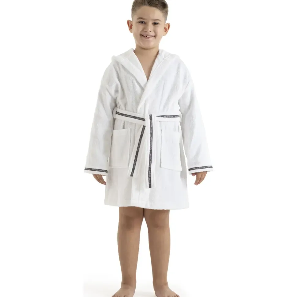 Bruno Banani Kinderbademantel BRUNO BANANI "Danny, Ideal für Zuhause, Schwimmbad oder im Urlaub" Gr. 104, weiß, L:61cm, Walkfrottee, Hausmäntel, mit Logostreifen, aus 100% Baumwolle