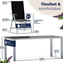 CASARIA Bern Set 9-tlg. Tischplatte Sicherheitsglas schwarz/silber