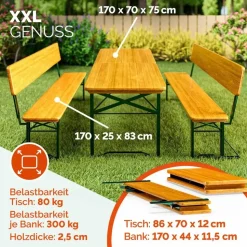CASARIA Bierzeltgarnitur 3-tlg. Tisch 170 x 70 cm inkl. Rückenlehne Braun