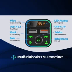 casativo FM Transmitter mit Bluetooth 5 USB-A Ladeports Drahtloser AutoRadio Adapter m. Media Player für den Zigarettenanzünderanschluss