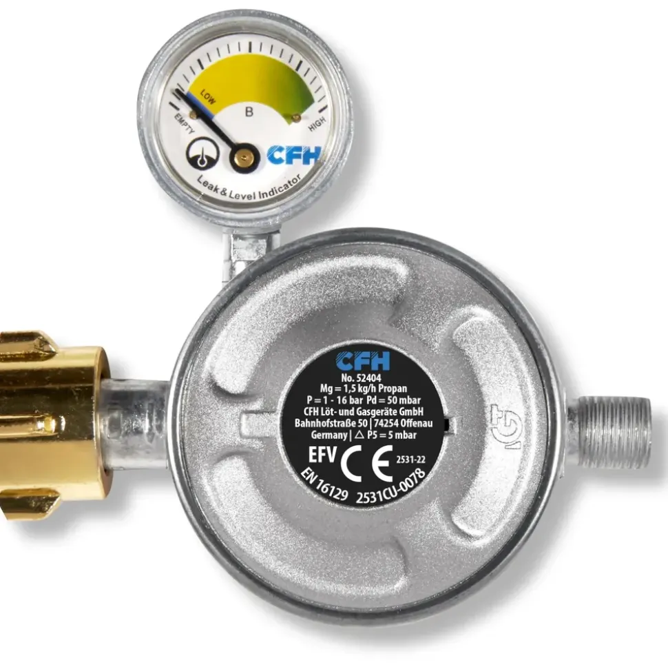 CFH Druckminderer 50 mbar mit Manometer und Füllstandsanzeige