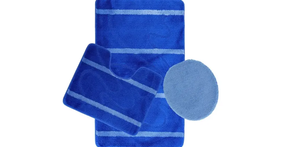 COFI 3-Teilig Bad Garnitur Badematte Badvorleger Wasser absobierend Kleine Streifenmuster rutschfest Blau