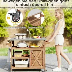 Costway Grillwagen Outdoor, Servierwagen auf Rollen, mit Edelstahl-Arbeitsplatte, Ablagen, Gewürzregal, Schrank&Handtuchhalter, (1 Tür-118x47x92 cm) - Naturbelassen
