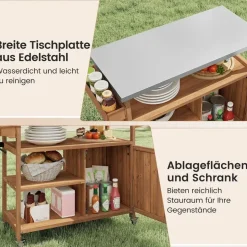 Costway Grillwagen Outdoor, Servierwagen auf Rollen, mit Edelstahl-Arbeitsplatte, Ablagen, Gewürzregal, Schrank&Handtuchhalter, (1 Tür-118x47x92 cm) - Naturbelassen