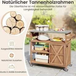 Costway Grillwagen Outdoor, Servierwagen auf Rollen, mit Edelstahl-Arbeitsplatte, Ablagen, Gewürzregal, Schrank&Handtuchhalter, (1 Tür-118x47x92 cm) - Naturbelassen