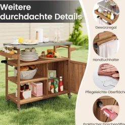 Costway Grillwagen Outdoor, Servierwagen auf Rollen, mit Edelstahl-Arbeitsplatte, Ablagen, Gewürzregal, Schrank&Handtuchhalter, (1 Tür-118x47x92 cm) - Naturbelassen