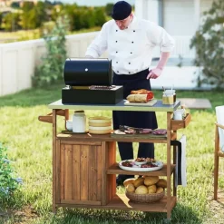 Costway Grillwagen Outdoor, Servierwagen auf Rollen, mit Edelstahl-Arbeitsplatte, Ablagen, Gewürzregal, Schrank&Handtuchhalter, (1 Tür-118x47x92 cm) - Naturbelassen