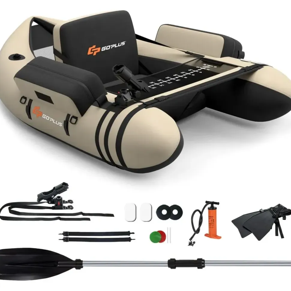 Costway Schlauchboot aufblasbar bis 150kg, Angelboot mit verstellbarer Rückenlehne, Pumpe, Paddel & Gurte, Fischerboot für Erwachsene 135x109x54cm - Beige