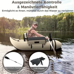 Costway Schlauchboot aufblasbar bis 150kg, Angelboot mit verstellbarer Rückenlehne, Pumpe, Paddel & Gurte, Fischerboot für Erwachsene 135x109x54cm - Beige