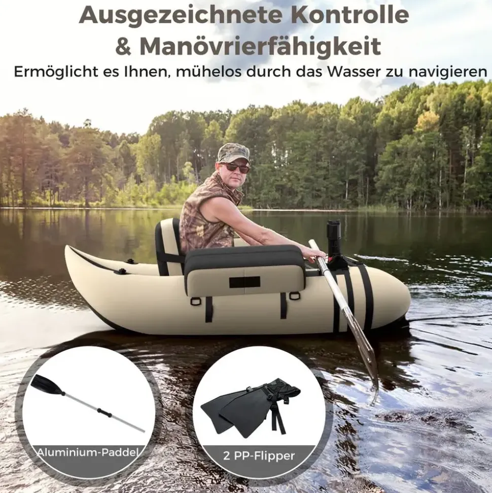 Costway Schlauchboot aufblasbar bis 150kg, Angelboot mit verstellbarer Rückenlehne, Pumpe, Paddel & Gurte, Fischerboot für Erwachsene 135x109x54cm - Beige