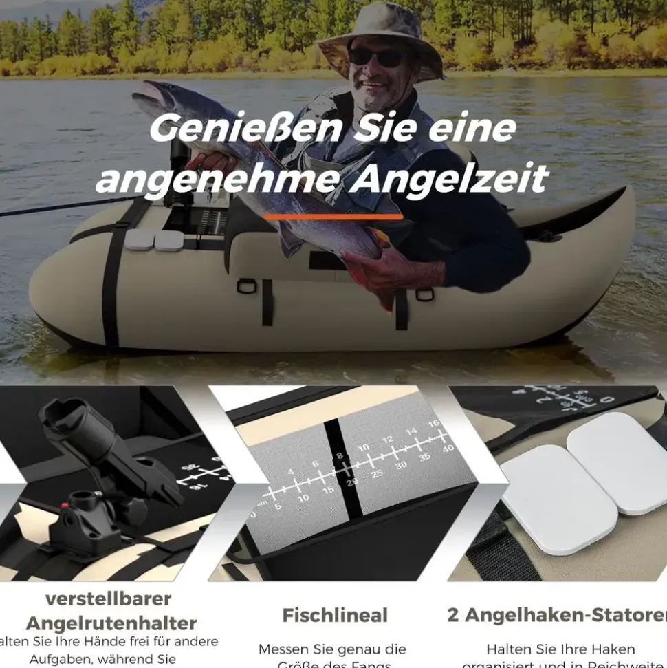 Costway Schlauchboot aufblasbar bis 150kg, Angelboot mit verstellbarer Rückenlehne, Pumpe, Paddel & Gurte, Fischerboot für Erwachsene 135x109x54cm - Beige