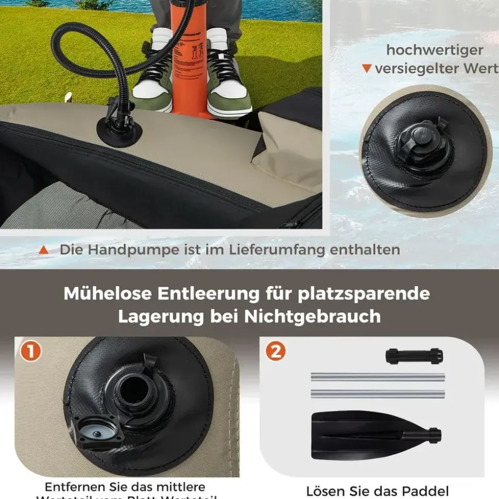 Costway Schlauchboot aufblasbar bis 150kg, Angelboot mit verstellbarer Rückenlehne, Pumpe, Paddel & Gurte, Fischerboot für Erwachsene 135x109x54cm - Beige